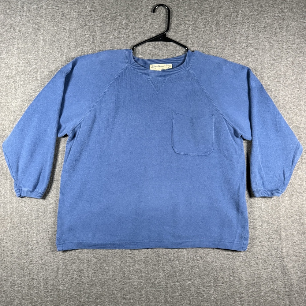 Eddie Bauer Sweater Womens Medium Blue 3/4 Sleeve Raglan Pocket Knit Pullover